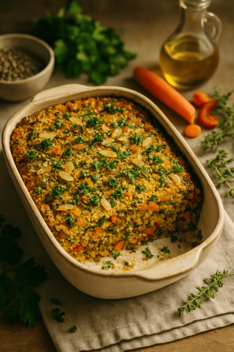 Запеканка из киноа и чечевицы с овощами