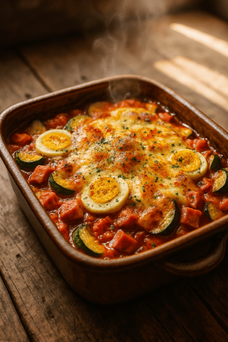 Запеканка с кабачками, ветчиной и томатным соусом