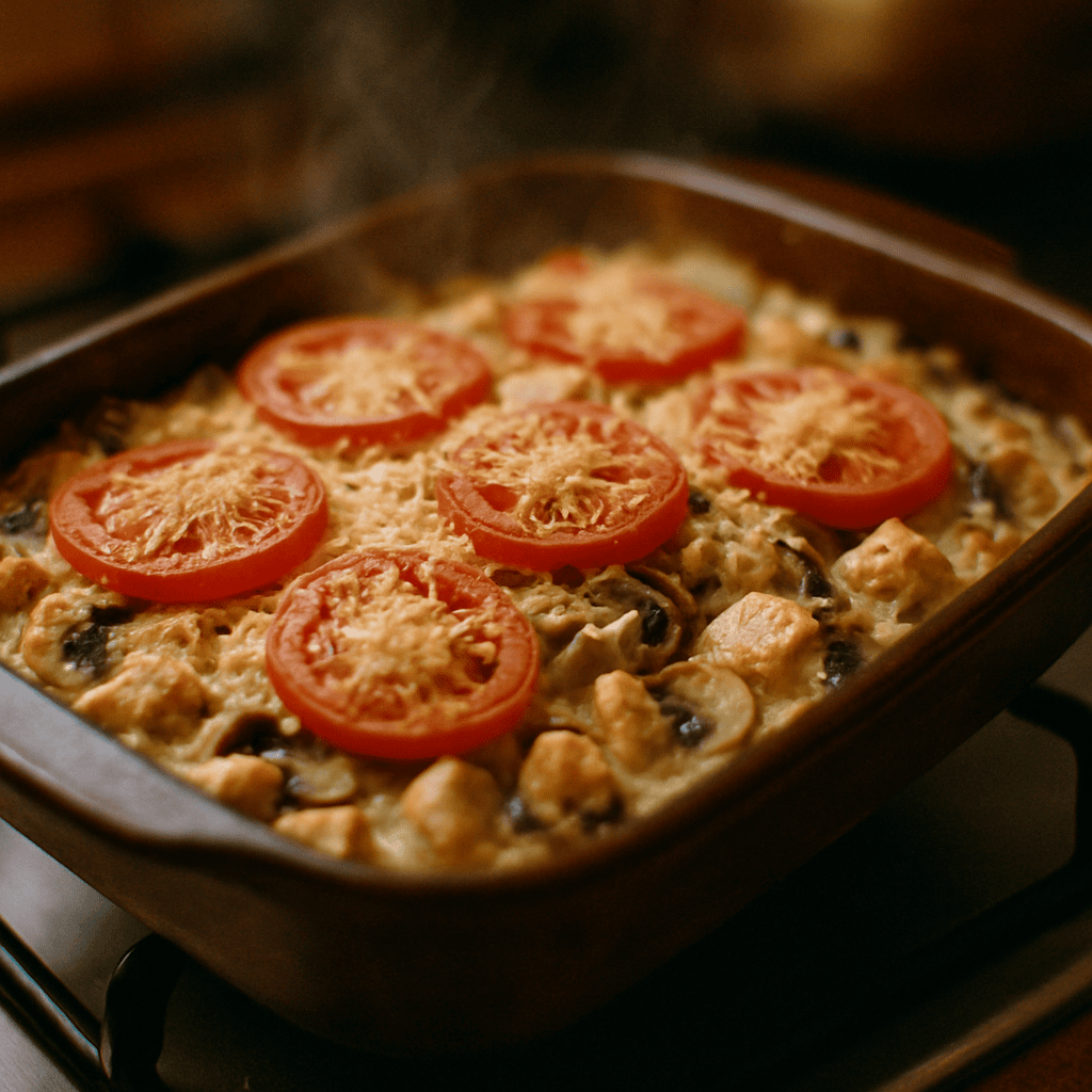 ПП-запеканка из куриного филе с шампиньонами и помидорами