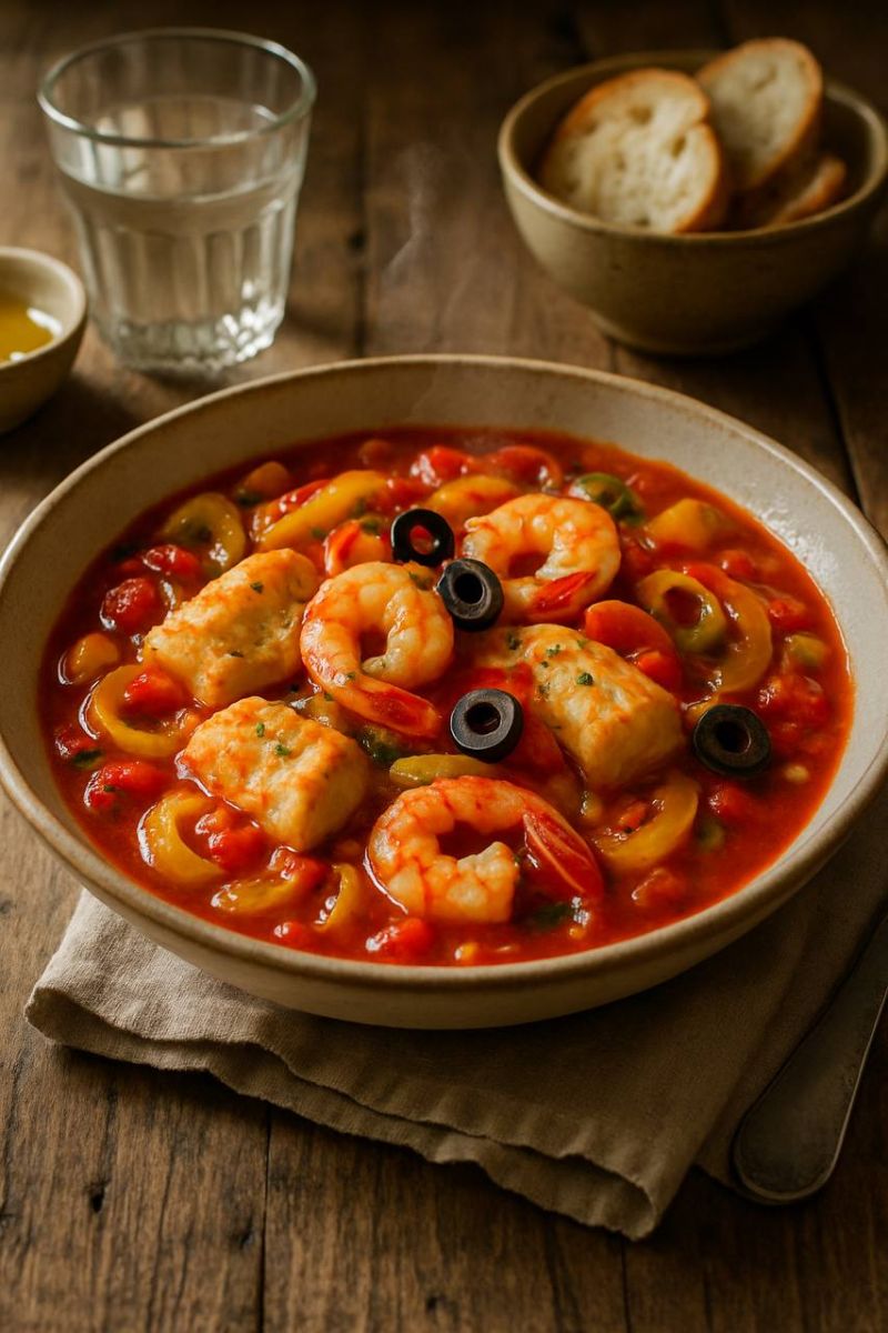 Рыбный гуляш с креветками и овощами