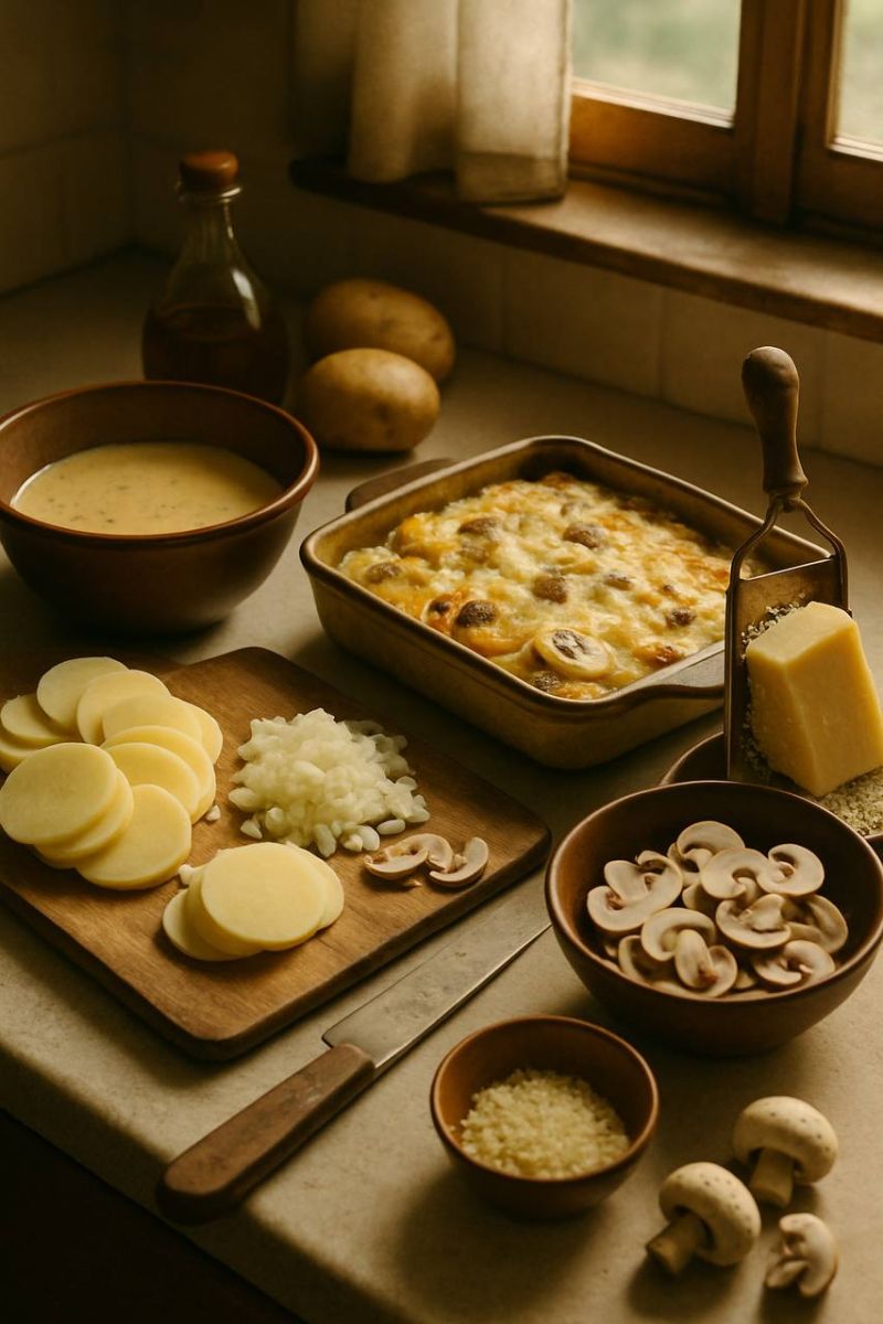 Картофельный гратен с грибами и сыром