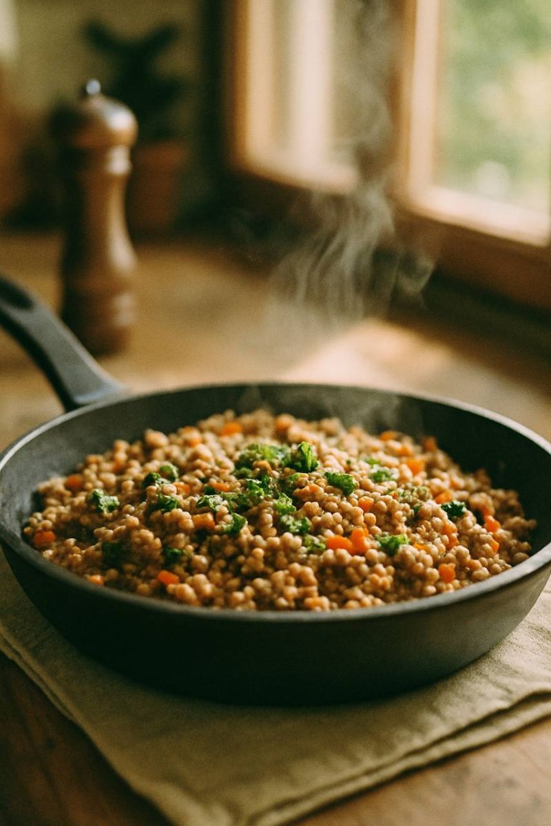 Гречка с фаршем и овощами на сковороде