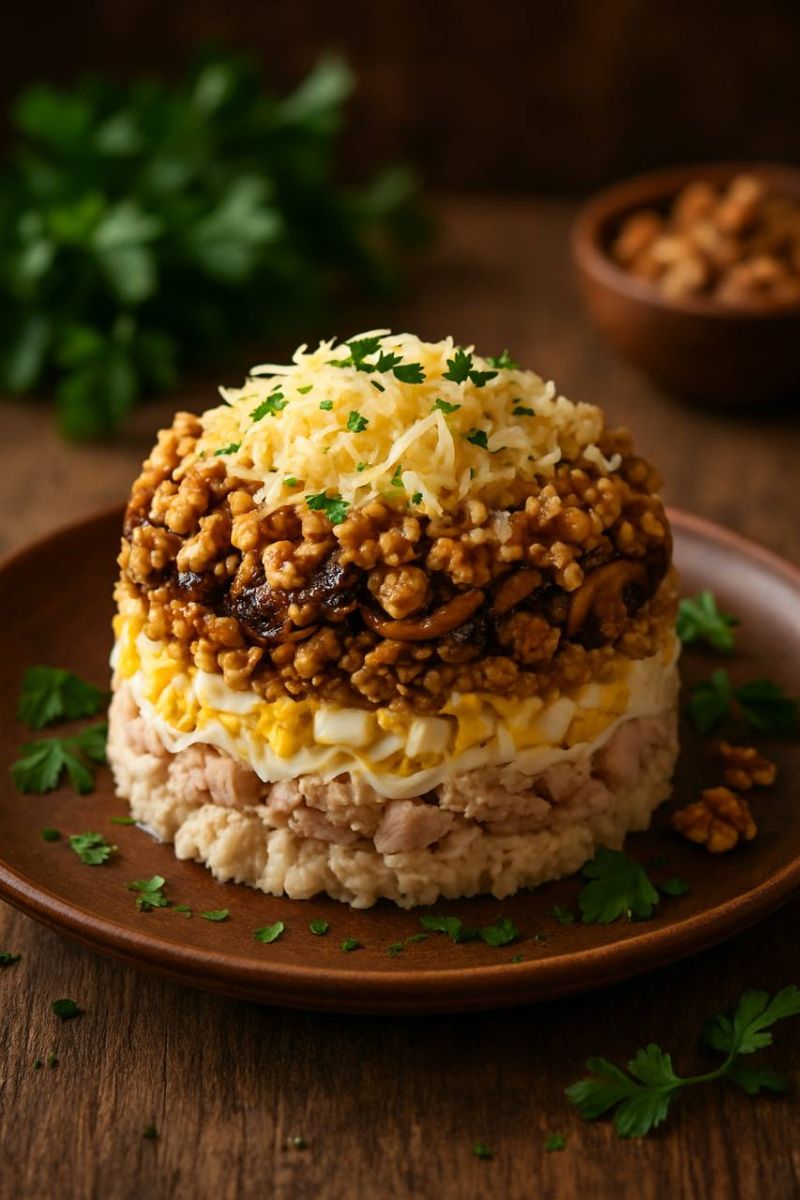 Слоёный салат с курицей, грибами и орехами