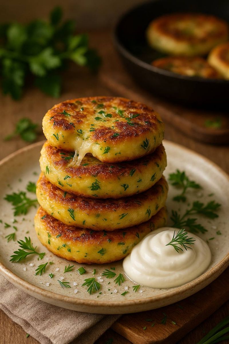 Золотистые картофельно-сырные лепёшки с ароматной зеленью
