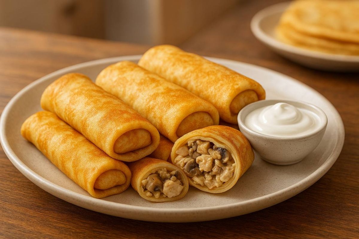 Золотистые блины с курицей и грибами