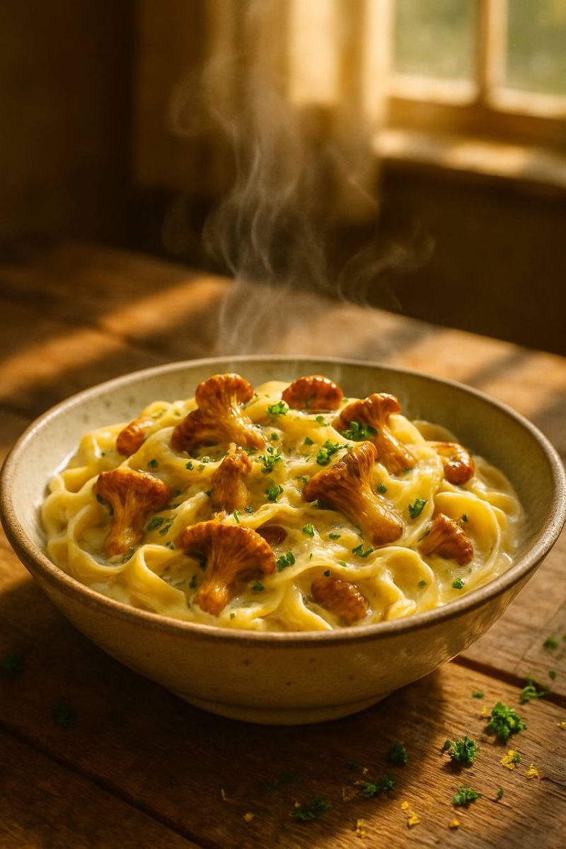 Паста с лисичками, чесноком и пармезаном