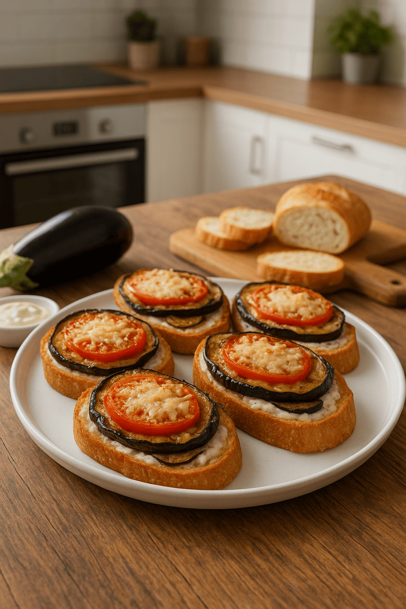 Горячие брускетты с баклажаном и чесночным соусом