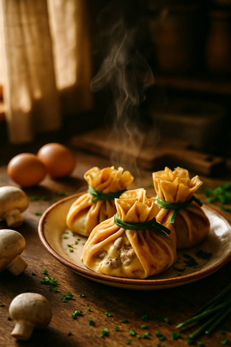 Блинные мешочки с шампиньонами