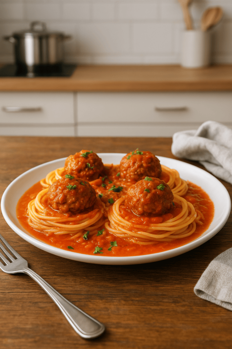Макаронные гнёзда с мясными шариками в соусе
