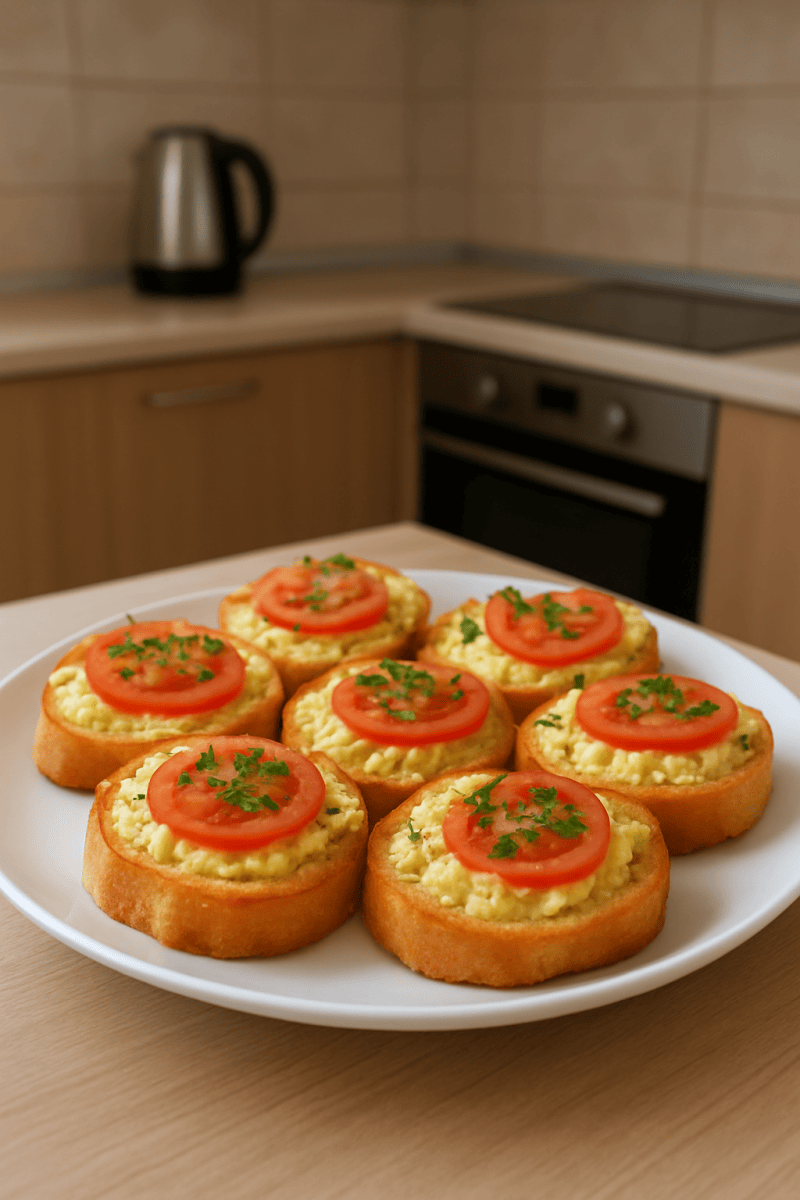 Хрустящие гренки с яйцом и томатами