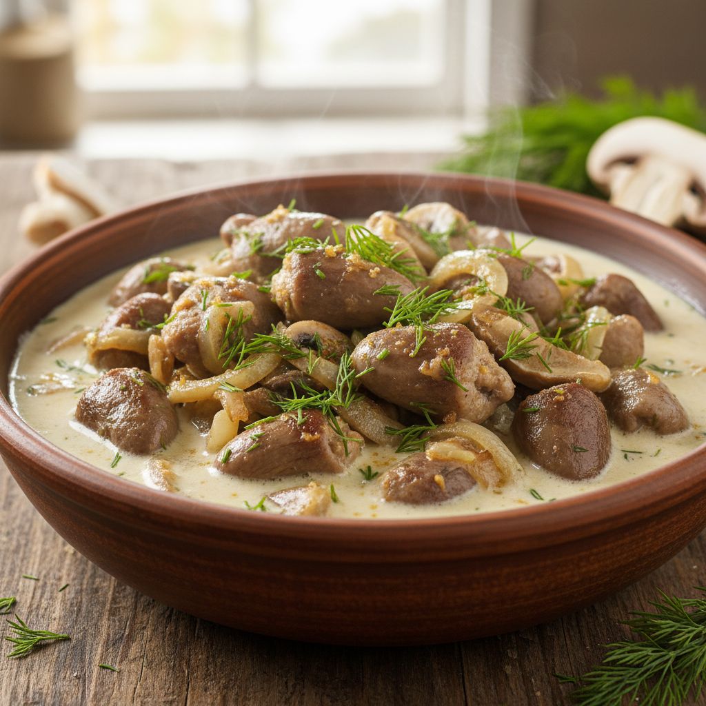 Куриные сердечки в сметанном соусе