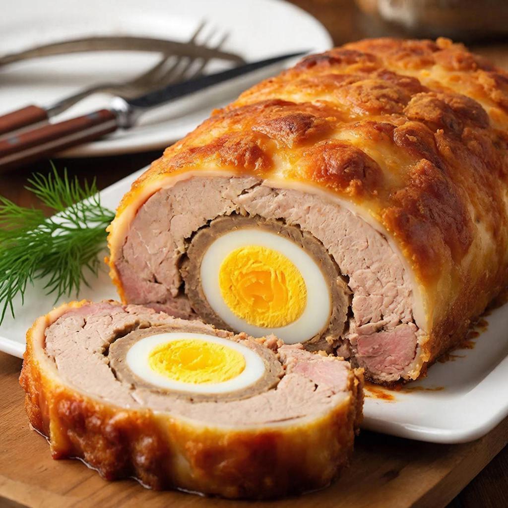 Фаршированный мясной рулет с яйцом, запечённый в духовке