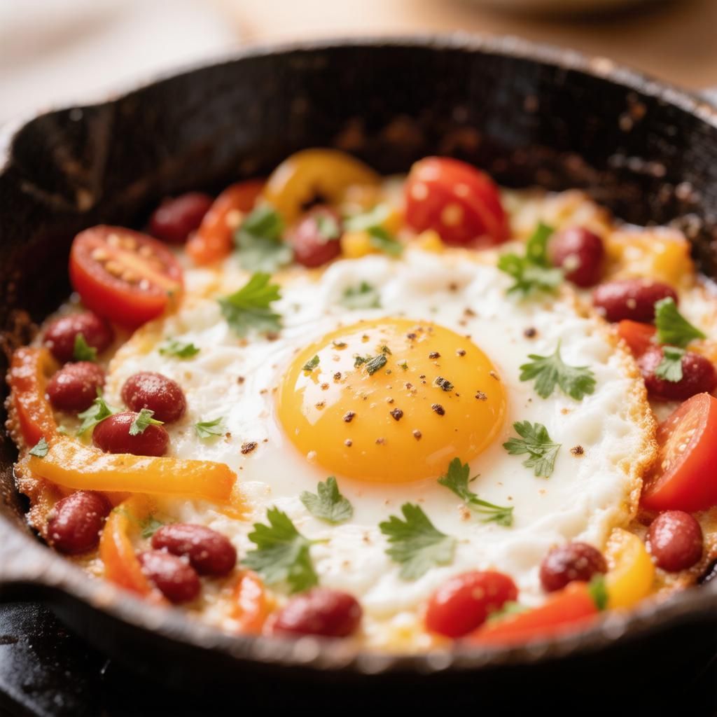 Яичница с фасолью, помидорами и перцем