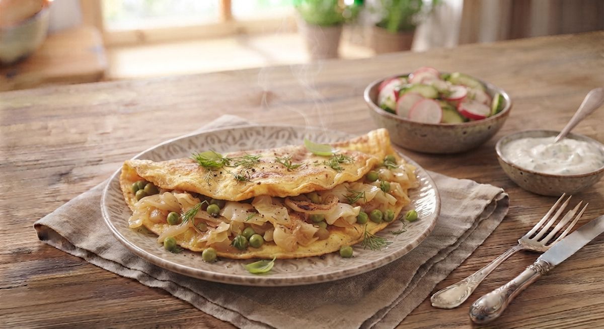 Яичница с тушёной капустой и горошком