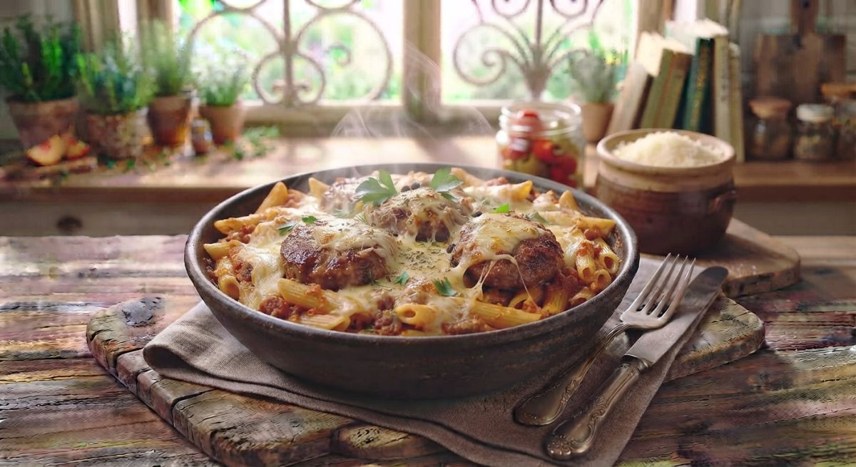 Макароны с говяжьими котлетами под сыром