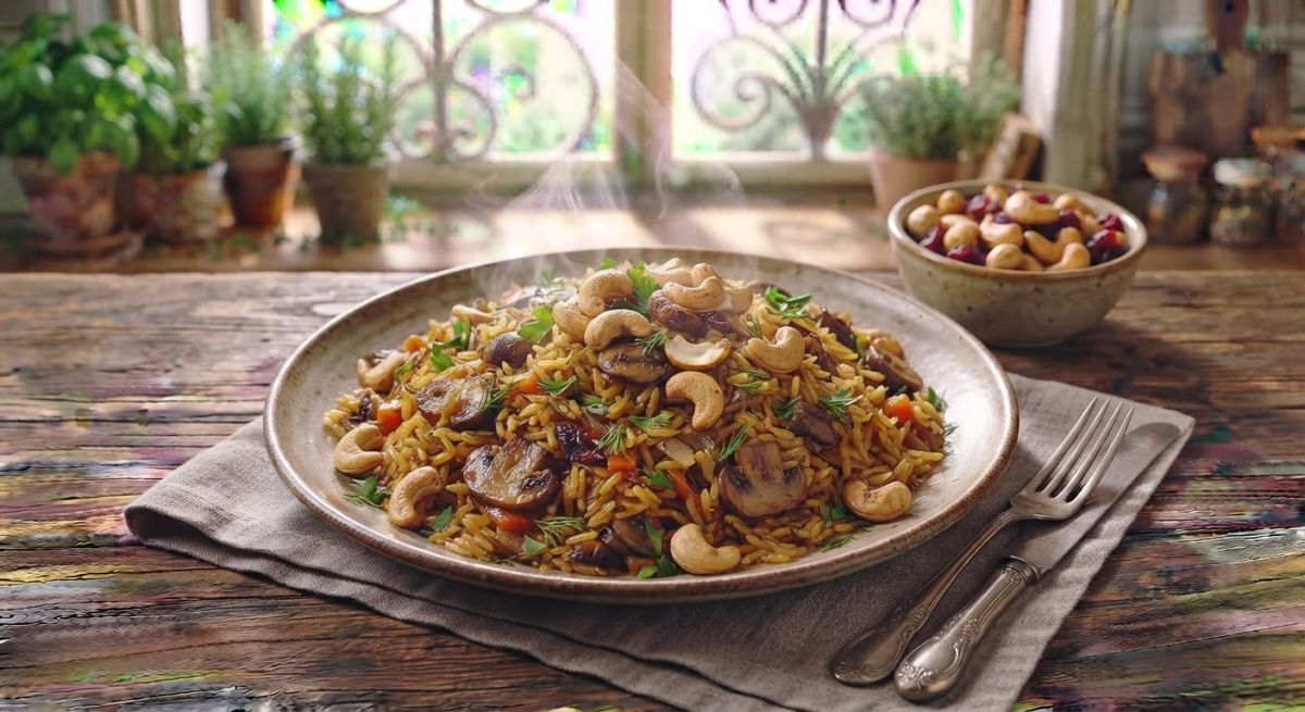 Постный плов с грибами и кешью