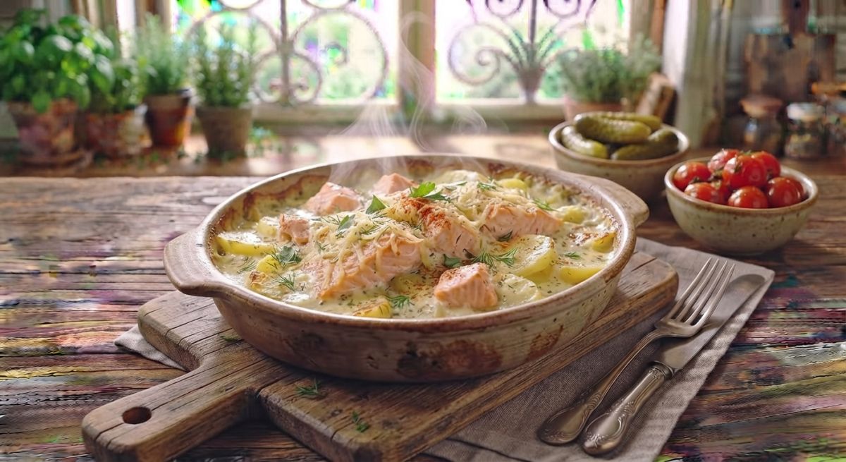 Горбуша, запечённая с картофелем в сметане