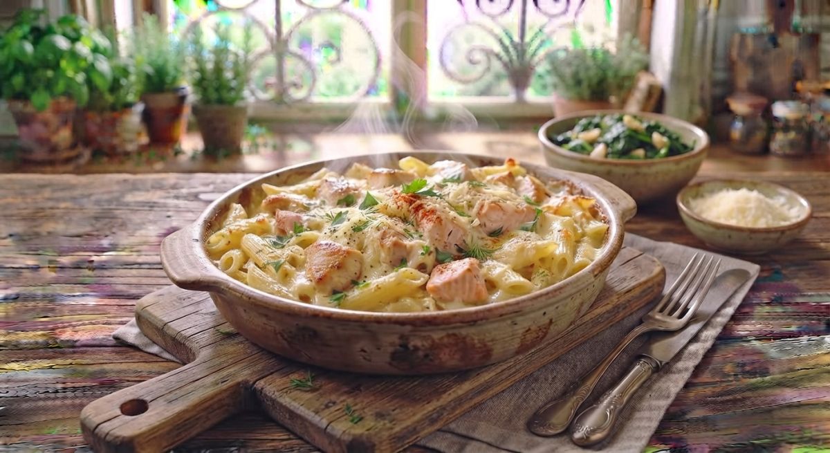 Куриное филе в сырном соусе с макаронами