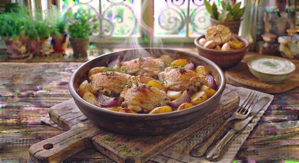 Куриные бёдра, запечённые с картофелем и чесноком