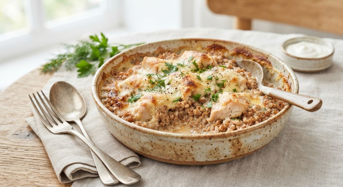 Гречка, запечённая с курицей в сметане