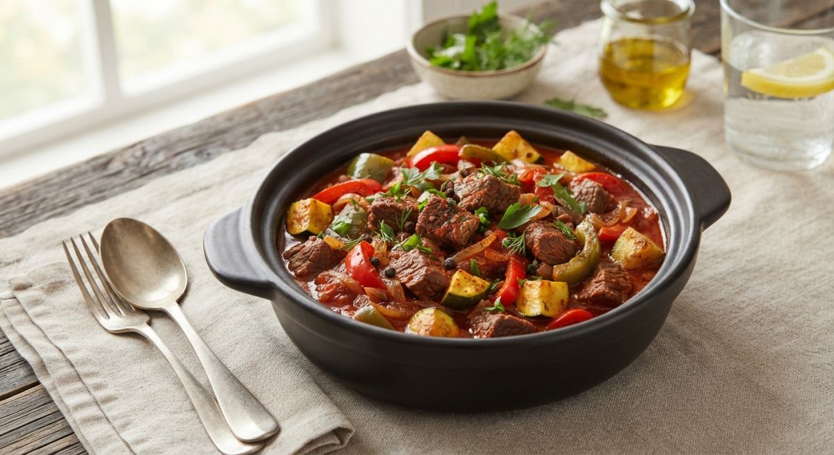 Говядина, тушённая с кабачком и перцем