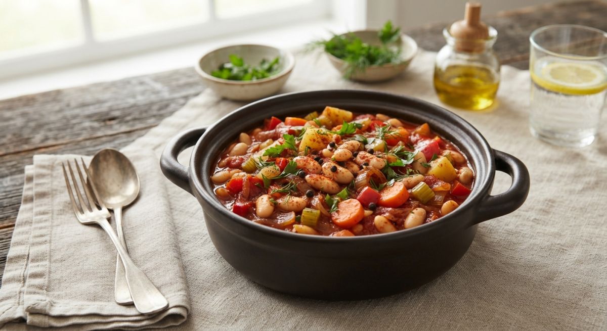 Фасоль, тушённая с овощами и чесноком