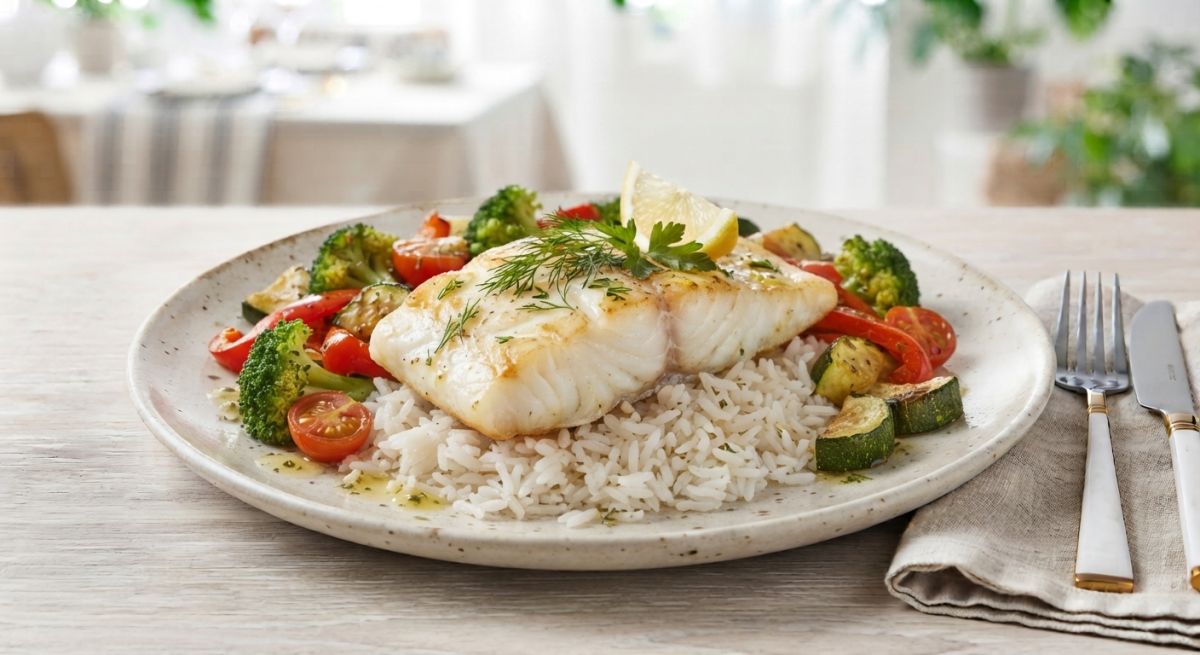 Запечённая треска с рисом и овощами