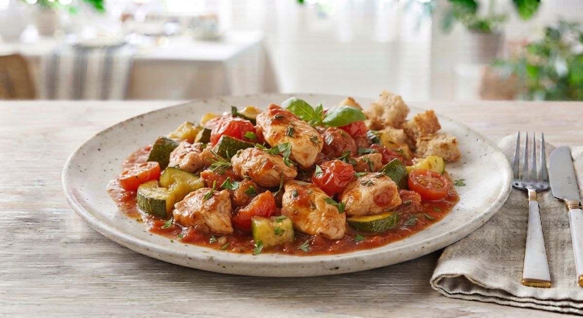 Индейка, тушённая с кабачком, помидорами и горошком