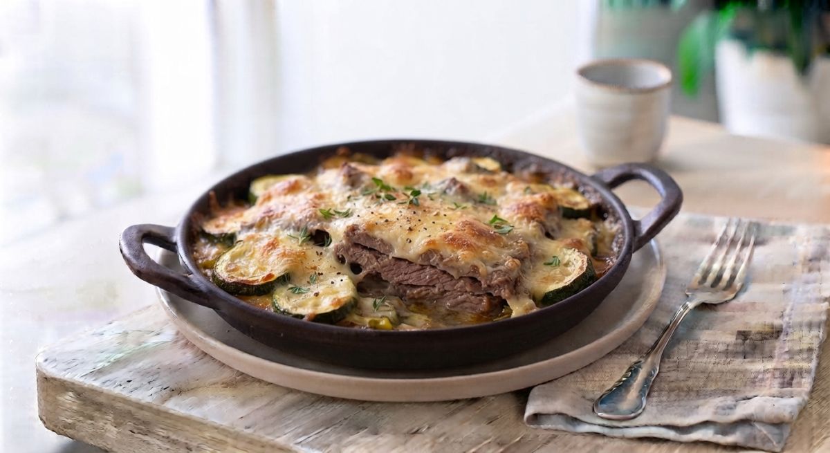 Говядина, запечённая с кабачком и сыром