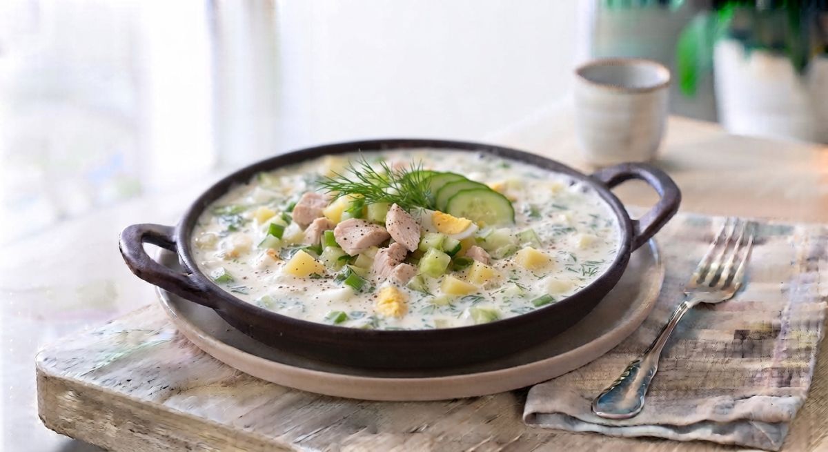 Окрошка на кефире с курицей и огурцом