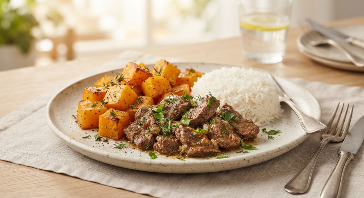 Говядина с запечённой тыквой и рисом