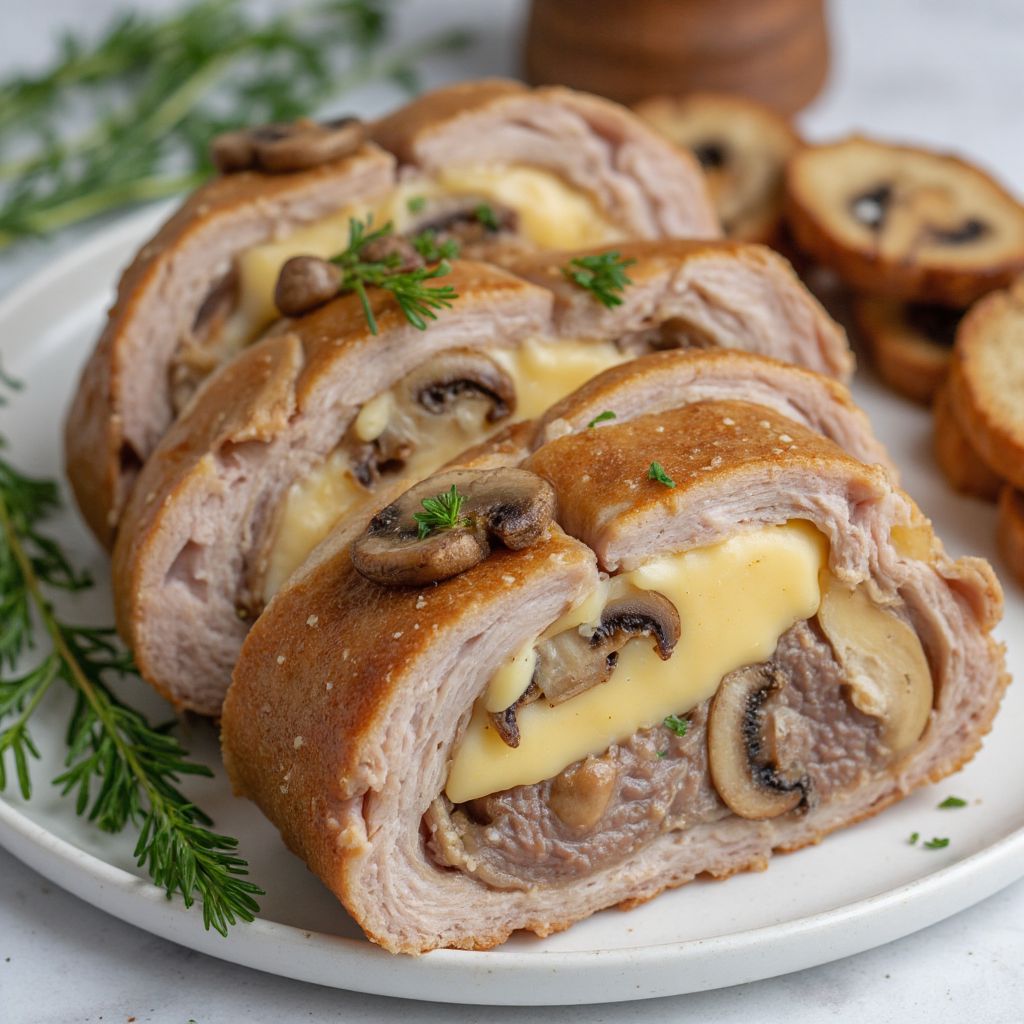 Запеченное мясо с грибами и сыром