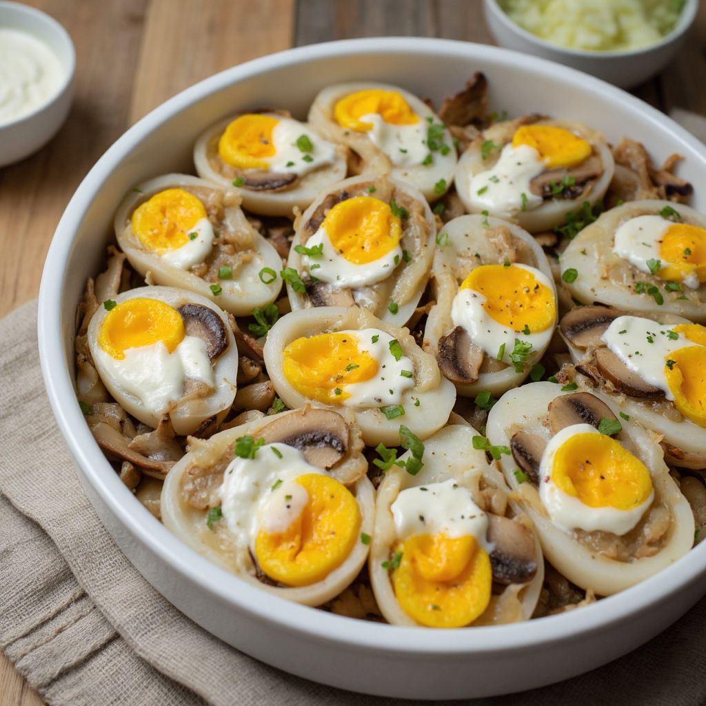 Кальмар, фаршированный яйцом и грибами