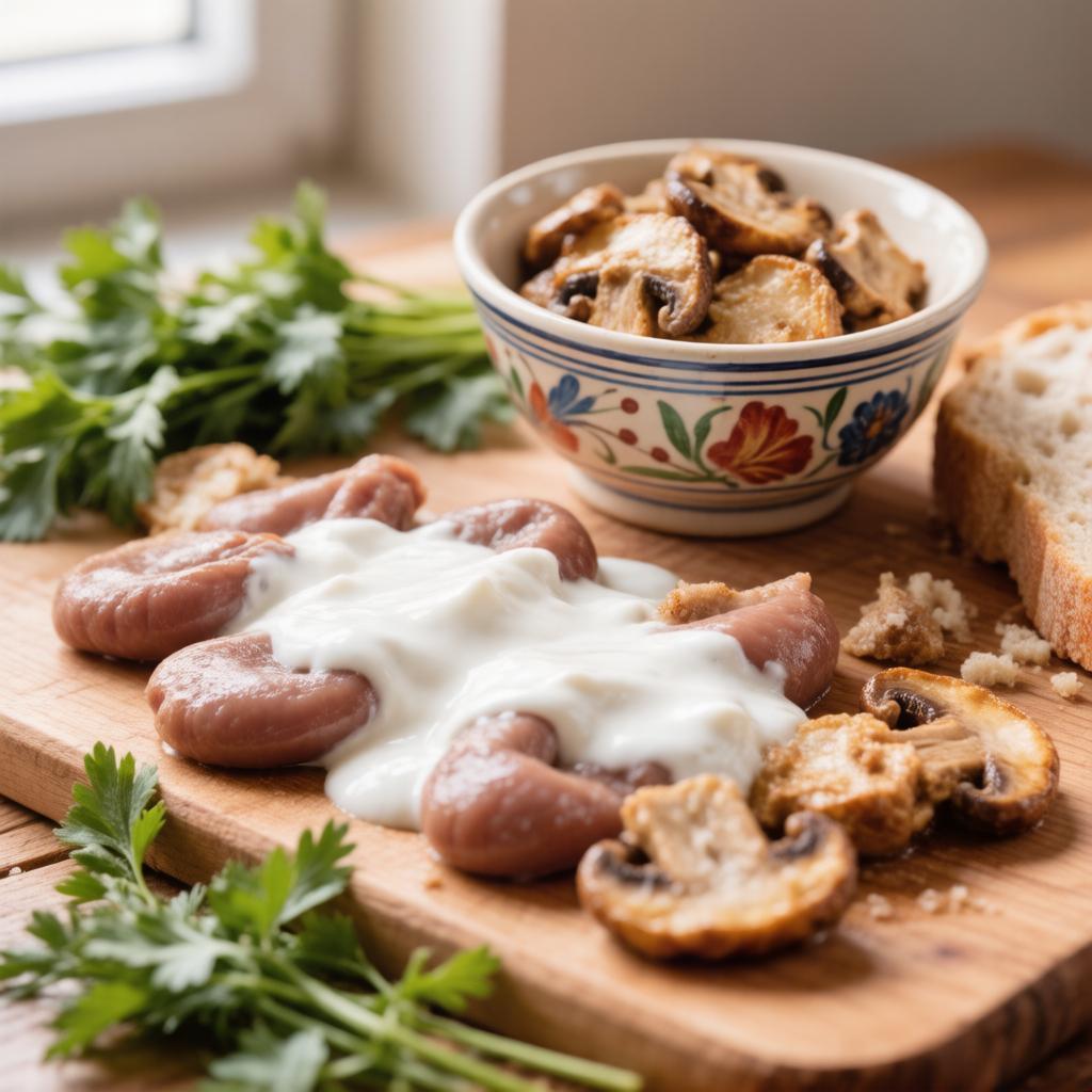 Куриные желудки, тушённые с грибами в сметане