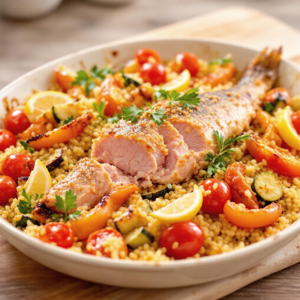 Минтай, запечённый с булгуром и овощами