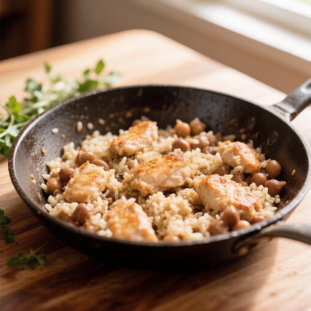 Курица с рисом и горошком на сковороде
