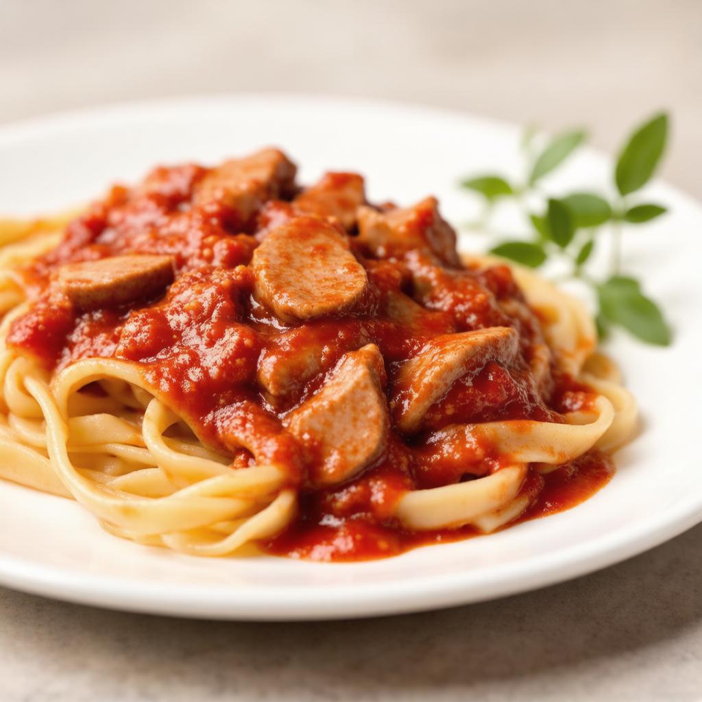 Макароны с куриной печенью в томатном соусе