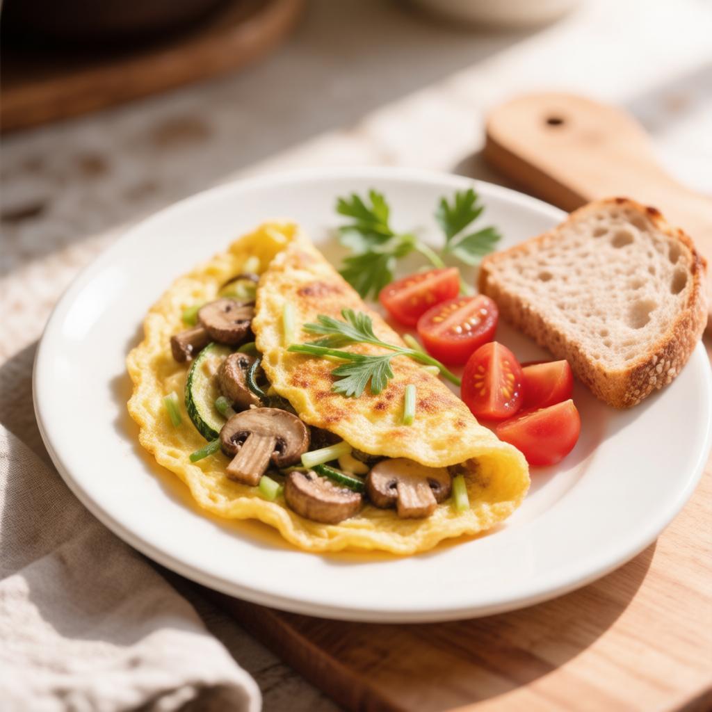 Болтунья с шампиньонами, кабачком и перцем