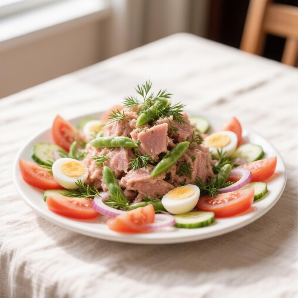 Тёплый салат с тунцом, яйцом и стручковой фасолью